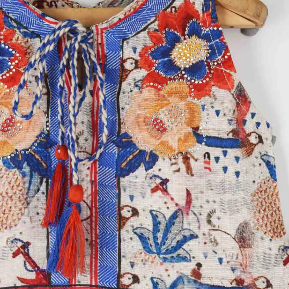 Blue Embellished Tropical Printed Top With Shorts Co-Ord Set