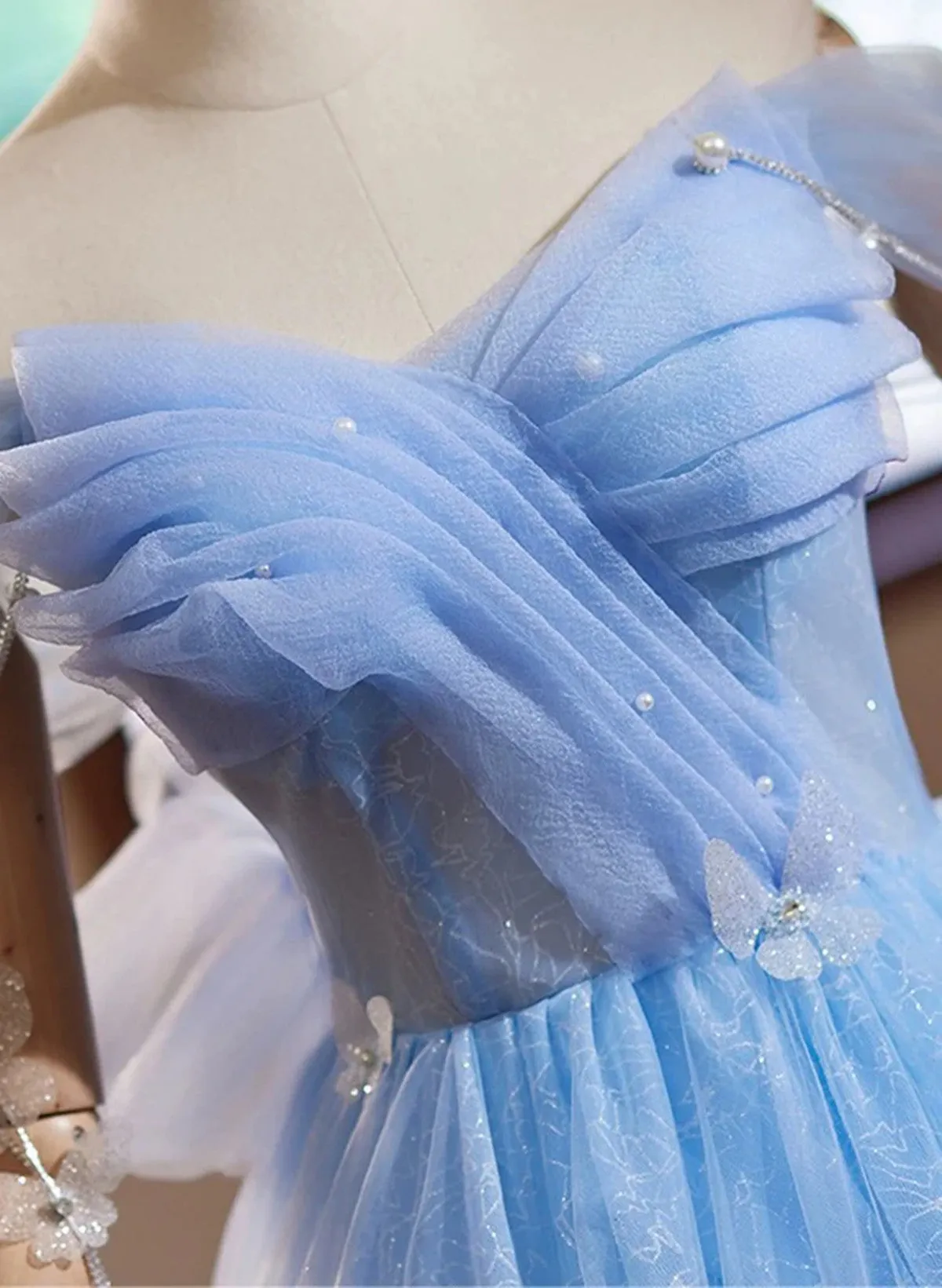 Blue Off Shoulder Tulle Short Homecoming Dress, Blue Sweetheart Prom Dress