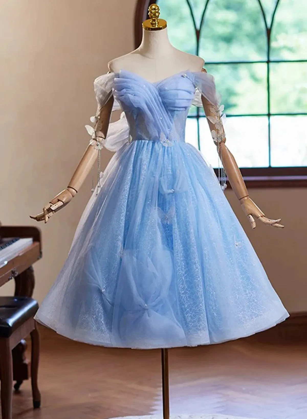 Blue Off Shoulder Tulle Short Homecoming Dress, Blue Sweetheart Prom Dress