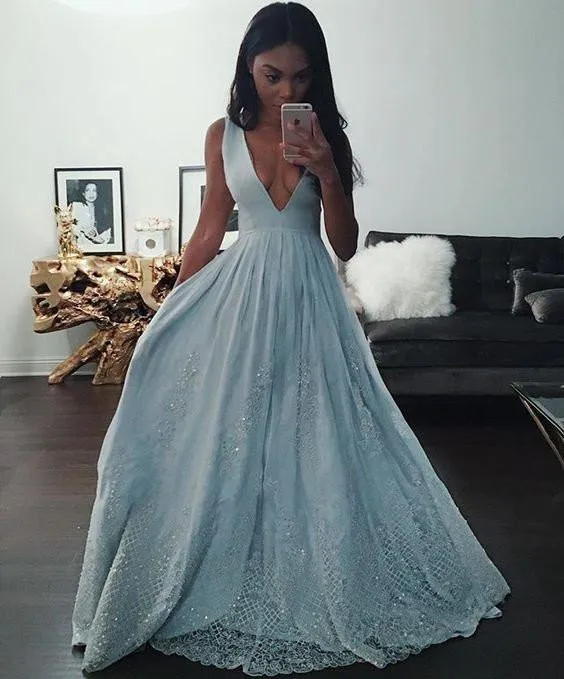 blue prom dress, long prom dress, v-neck prom dress, charming prom dress, unique evening gown, BD277