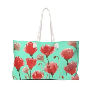 Blue Red Poppy Tote Bag, Flowers Floral Print Oversized Designer 24"x13" Large Weekender Bag