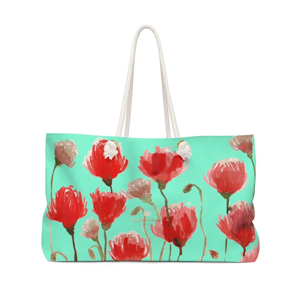 Blue Red Poppy Tote Bag, Flowers Floral Print Oversized Designer 24"x13" Large Weekender Bag