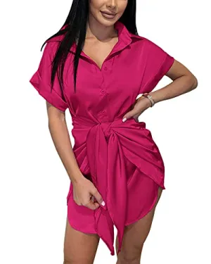 BTFBM Women Button Down Shirts Dresses Satin Short Sleeve V Neck Elastic Waist Self Tie Knot Club Party 2023 Summer Dress(Solid Rose Red, X-Large)