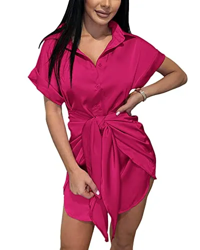 BTFBM Women Button Down Shirts Dresses Satin Short Sleeve V Neck Elastic Waist Self Tie Knot Club Party 2023 Summer Dress(Solid Rose Red, X-Large)