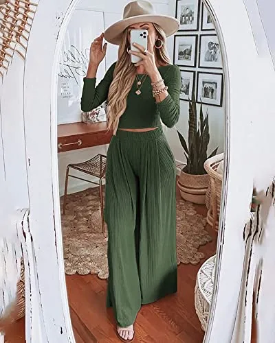 BTFBM Women Two Piece Lounge Set Long Sleeve Bodycon Christmas Crop Top Loose Wide Leg Pant Casual Outfits Sweatsuit(Solid Army Green, Medium)