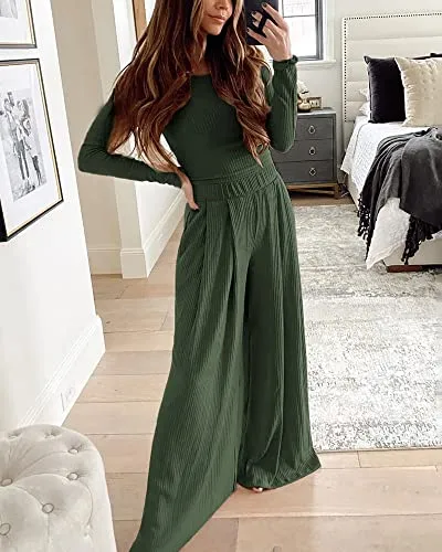 BTFBM Women Two Piece Lounge Set Long Sleeve Bodycon Christmas Crop Top Loose Wide Leg Pant Casual Outfits Sweatsuit(Solid Army Green, Medium)