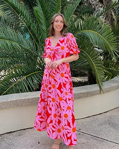 BTFBM Women's 2023 Summer Boho Dress Tie Front Deep V Neck Cutout Short Sleeve Floral Casual Party Beach Maxi Dresses(Big Floral Red, Large)