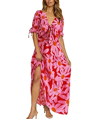 BTFBM Women's 2023 Summer Boho Dress Tie Front Deep V Neck Cutout Short Sleeve Floral Casual Party Beach Maxi Dresses(Big Floral Red, Large)