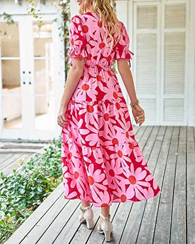 BTFBM Women's 2023 Summer Boho Dress Tie Front Deep V Neck Cutout Short Sleeve Floral Casual Party Beach Maxi Dresses(Big Floral Red, Large)