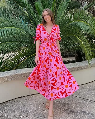 BTFBM Women's 2023 Summer Boho Dress Tie Front Deep V Neck Cutout Short Sleeve Floral Casual Party Beach Maxi Dresses(Big Floral Red, Large)