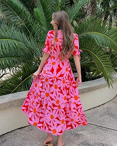 BTFBM Women's 2023 Summer Boho Dress Tie Front Deep V Neck Cutout Short Sleeve Floral Casual Party Beach Maxi Dresses(Big Floral Red, Large)