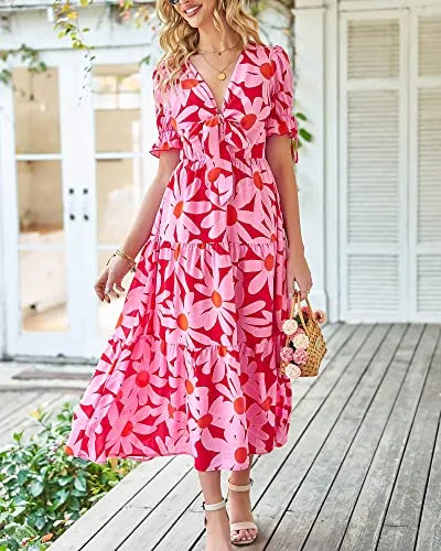 BTFBM Women's 2023 Summer Boho Dress Tie Front Deep V Neck Cutout Short Sleeve Floral Casual Party Beach Maxi Dresses(Big Floral Red, Large)