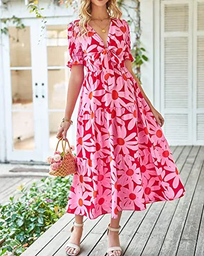 BTFBM Women's 2023 Summer Boho Dress Tie Front Deep V Neck Cutout Short Sleeve Floral Casual Party Beach Maxi Dresses(Big Floral Red, Large)