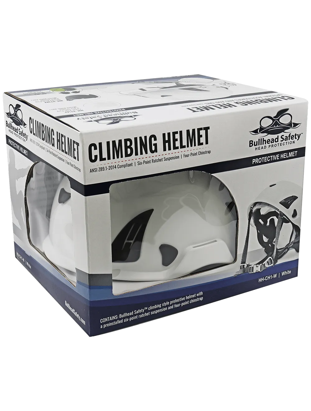 Bullhead Safety™ Head Protection - White Climbing Style Protective Helmet with Six-Point Ratchet Suspension and Four-Point Chin Strap - HH-CH1-W