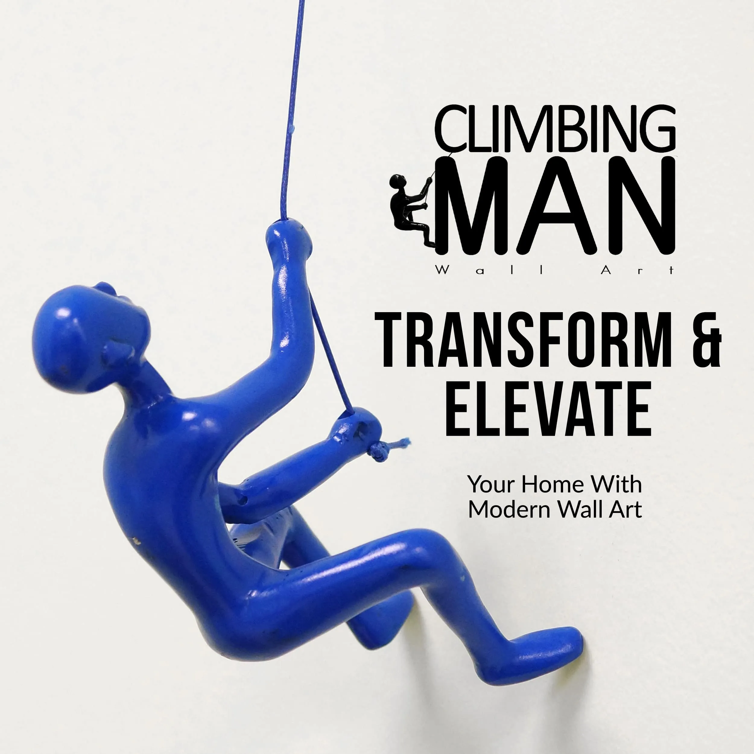 Climbing Man Wall Art for Home Decor with 30” Leather Rope | Polyresin Statues and Sculptures with Hanging Hardware Included for Modern Wall Decor and Motivational Art, Blue