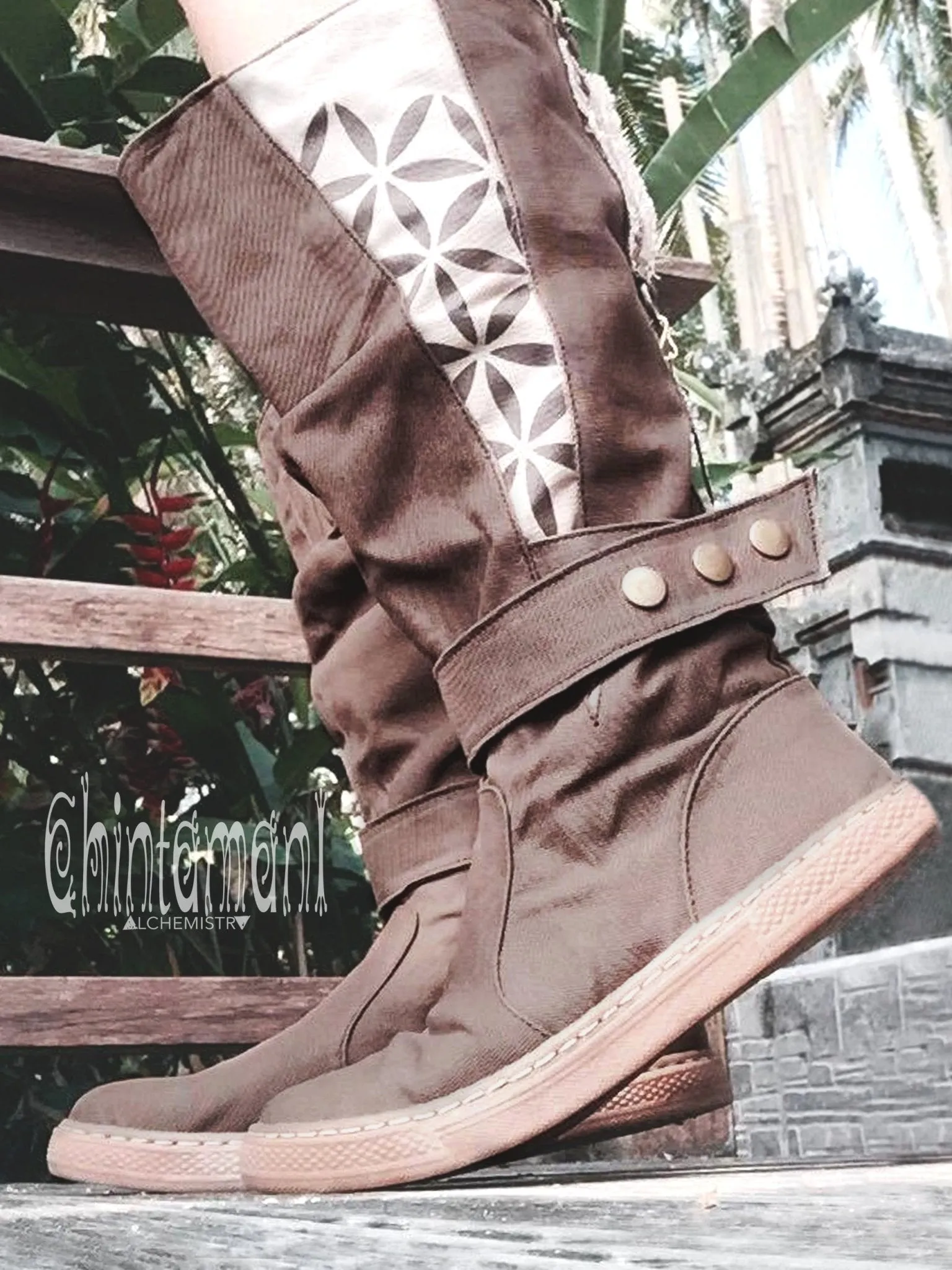 Cotton Canvas Vegan Boots / High Shoes with Flower of Life Print / Unisex Brown