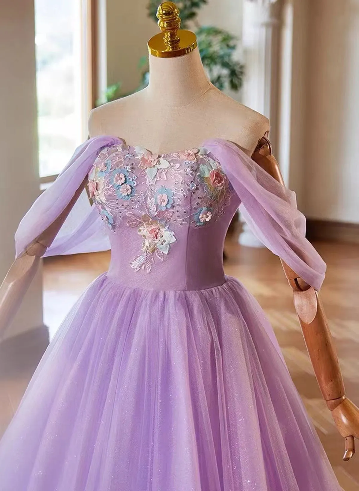 Cute A-line Lavender Sweethart Lace Applique Party Dress, Long Prom Dress