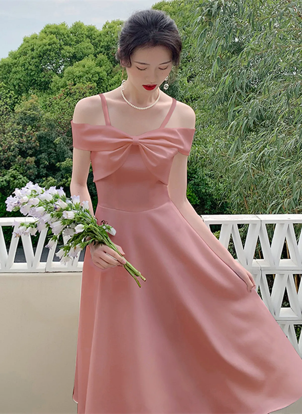 Cute Pink Tea Length Off Shoulder Wedding Party Dress, Pink Short Party Dress