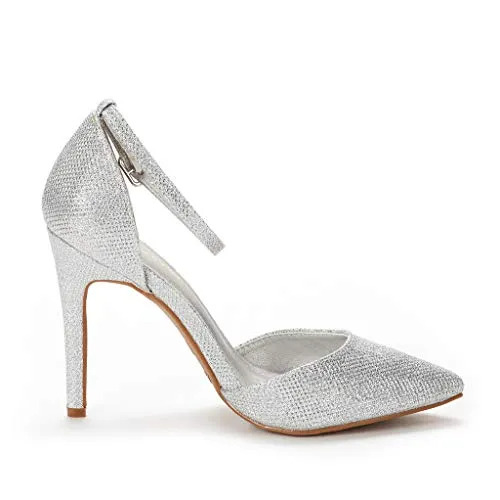 DREAM PAIRS Women's Pointed Toe Ankle Strap High Heels Pumps Dress Court Shoes Oppointed-Lacey Silver Glitter