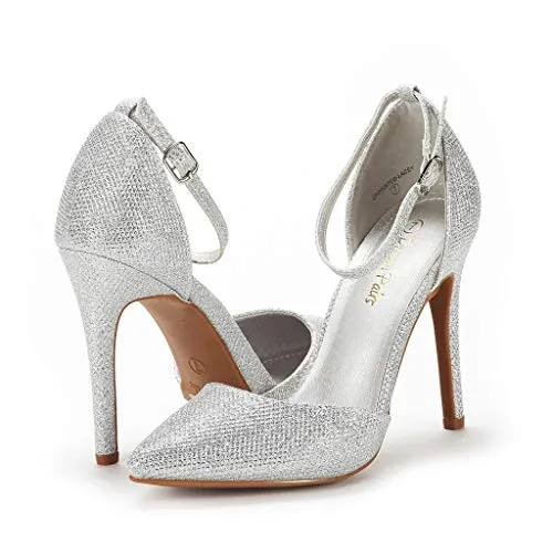 DREAM PAIRS Women's Pointed Toe Ankle Strap High Heels Pumps Dress Court Shoes Oppointed-Lacey Silver Glitter