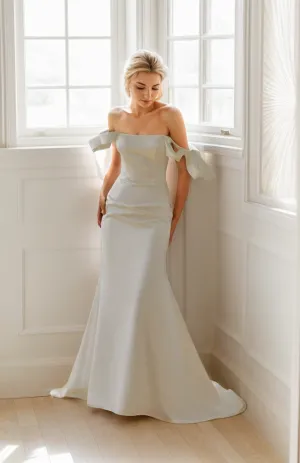 Elegant off the shoulder fit and flare duchess satin simple wedding dress colored wedding dress