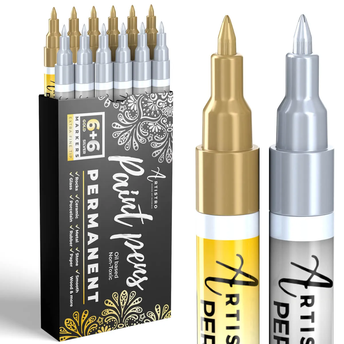 Extra Fine Tip Oil Based silver paint marker & gold- Set of 12 silver paint pens