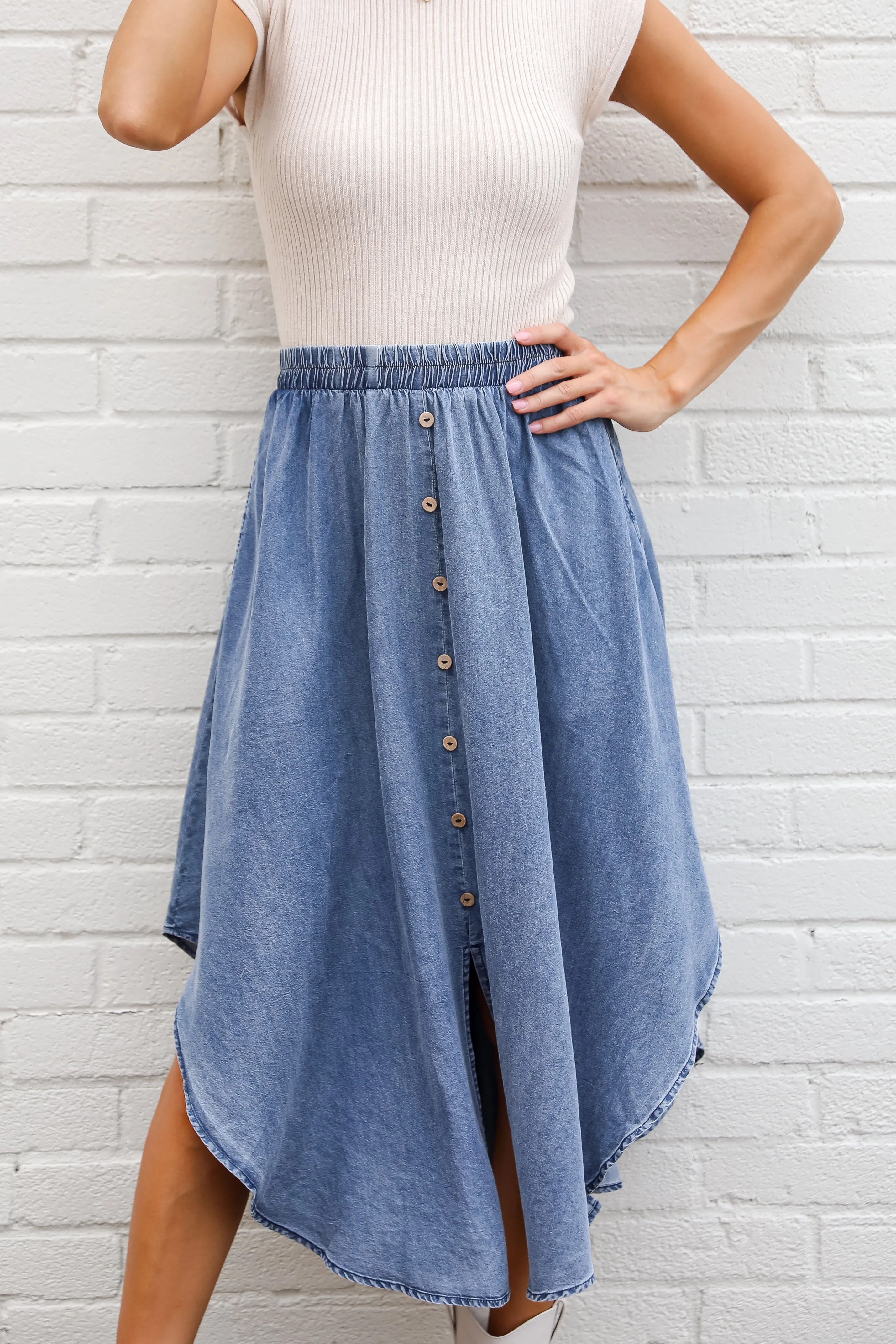 FINAL SALE - Pleasant Perception Denim Midi Skirt