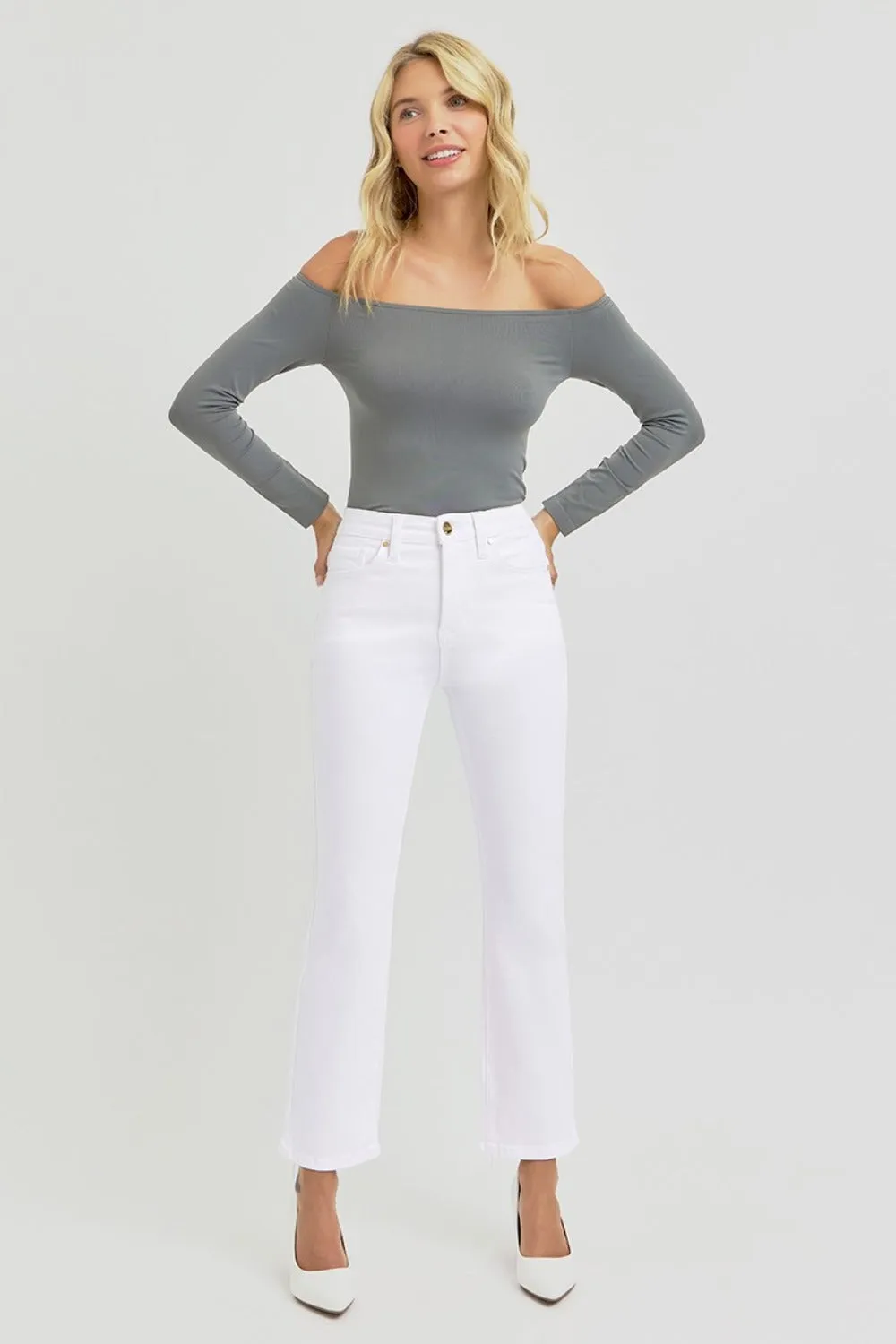 Full Size Tummy Control Elastic Band High Rise Crop Straight Jeans