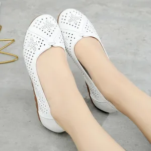 GI124 Women's White Leather Breathable Flats Loafers: Casual Shoes