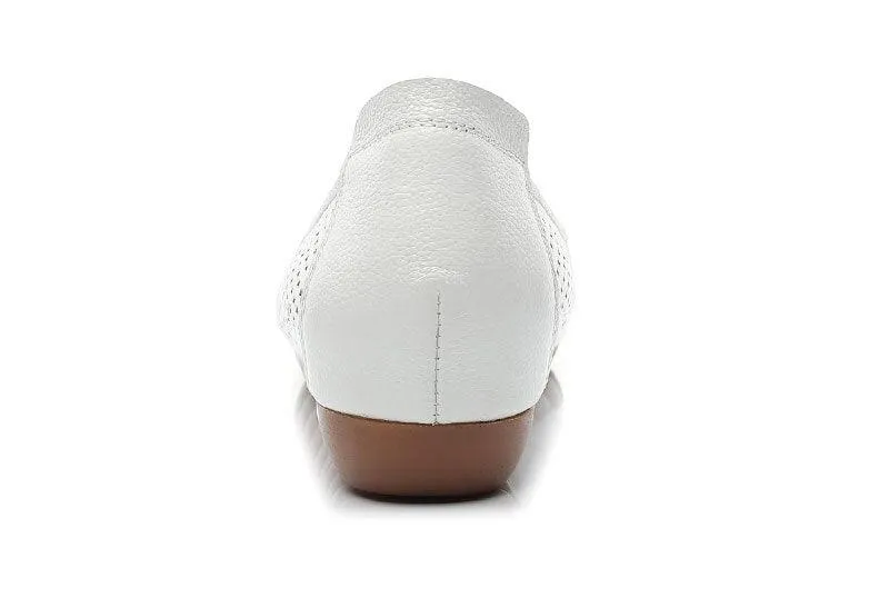 GI124 Women's White Leather Breathable Flats Loafers: Casual Shoes