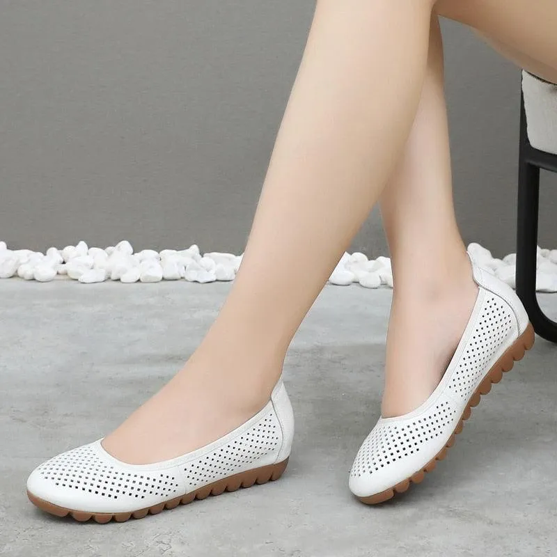 GI124 Women's White Leather Breathable Flats Loafers: Casual Shoes