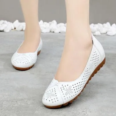 GI124 Women's White Leather Breathable Flats Loafers: Casual Shoes