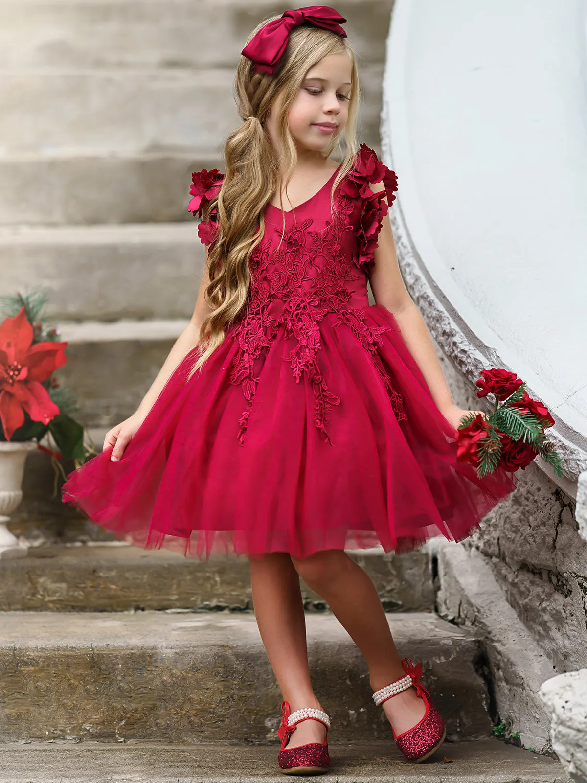 Girls Flower Petal Shoulder Embroidered Bodice Waterfall Holiday Dress