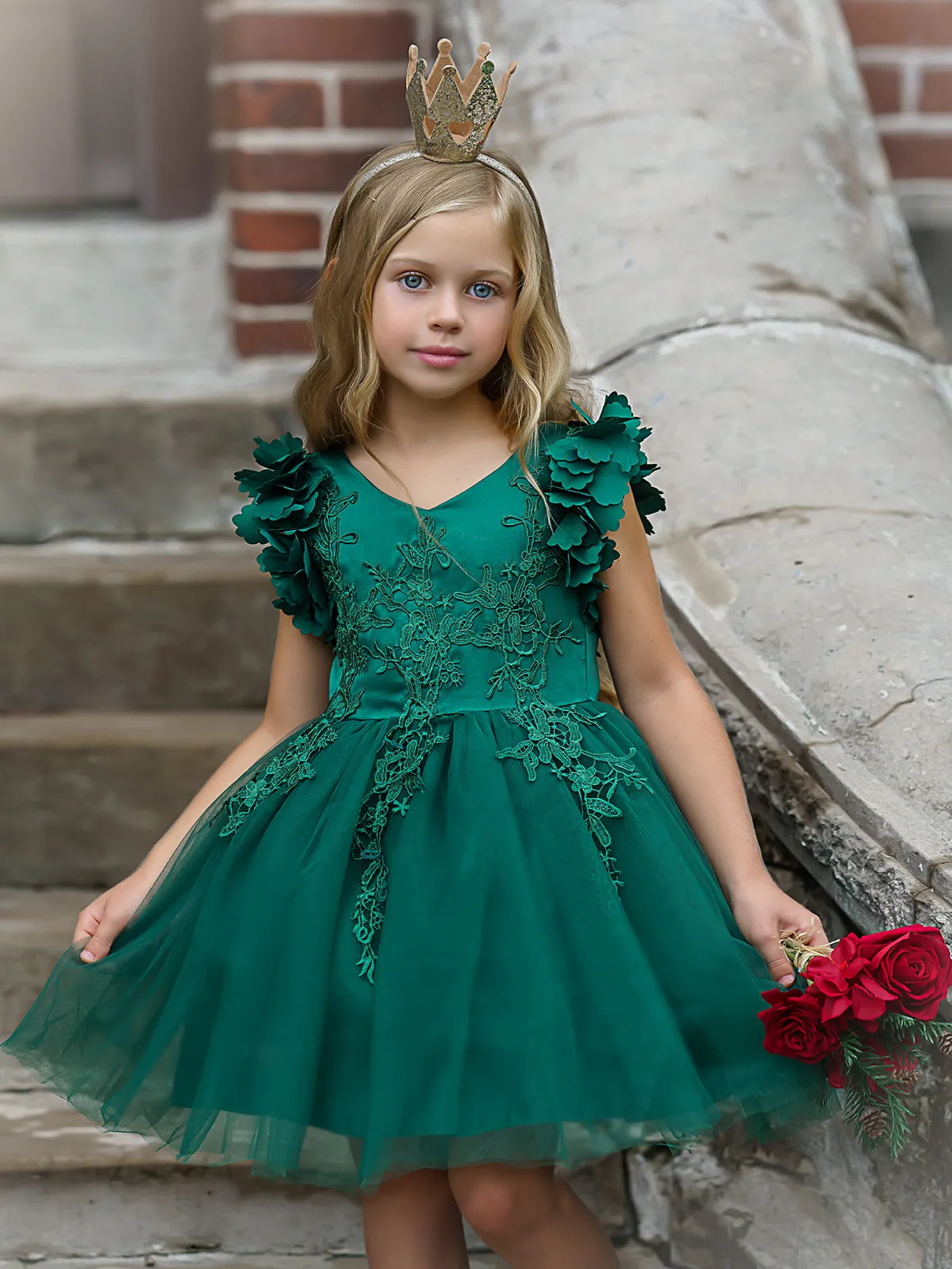 Girls Flower Petal Shoulder Embroidered Bodice Waterfall Holiday Dress