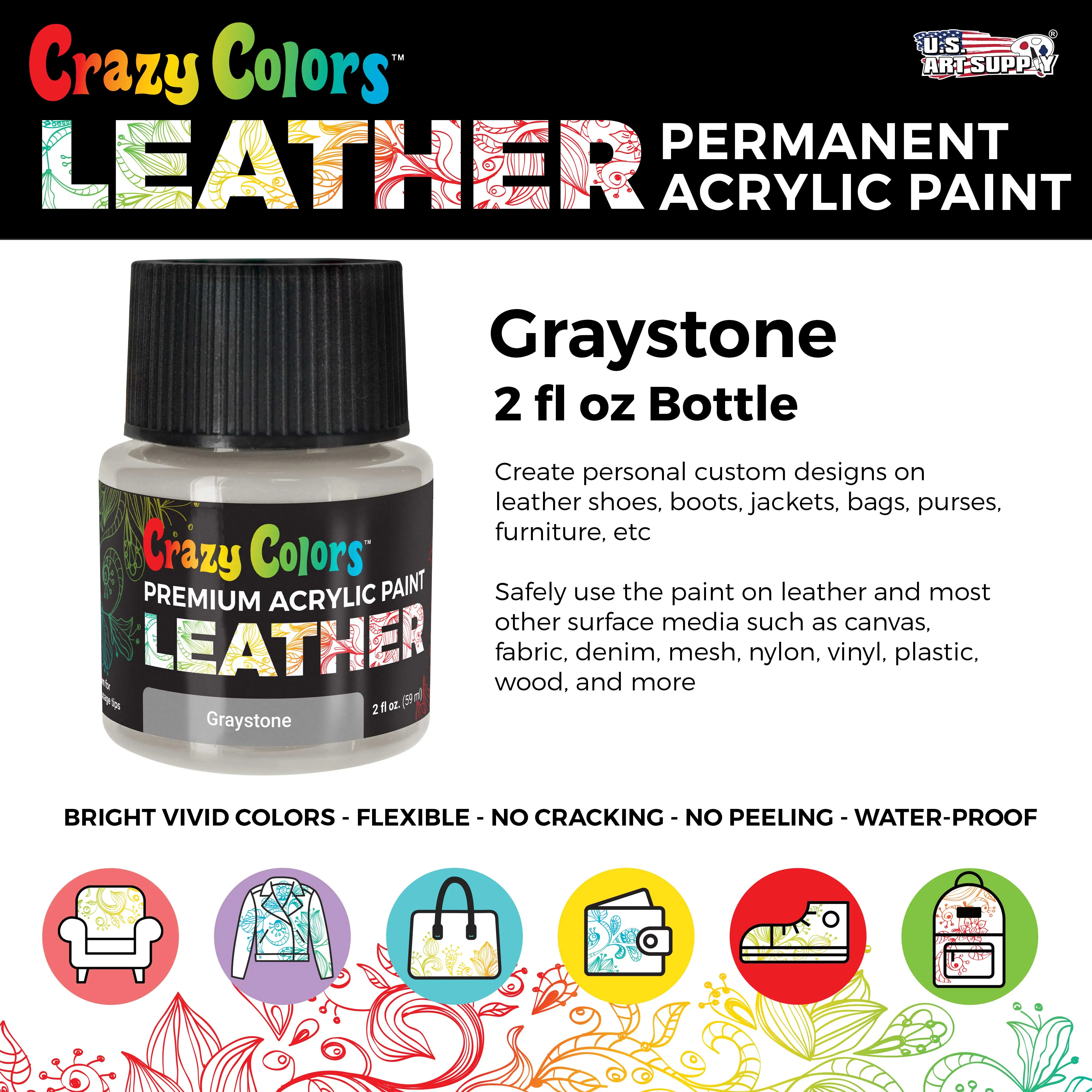 Graystone Premium Acrylic Leather and Shoe Paint, 2 oz Bottle - Flexible, Crack, Scratch, Peel Resistant - Artist Create Custom Sneakers, Jackets, Bags, Purses, Furniture Artwork