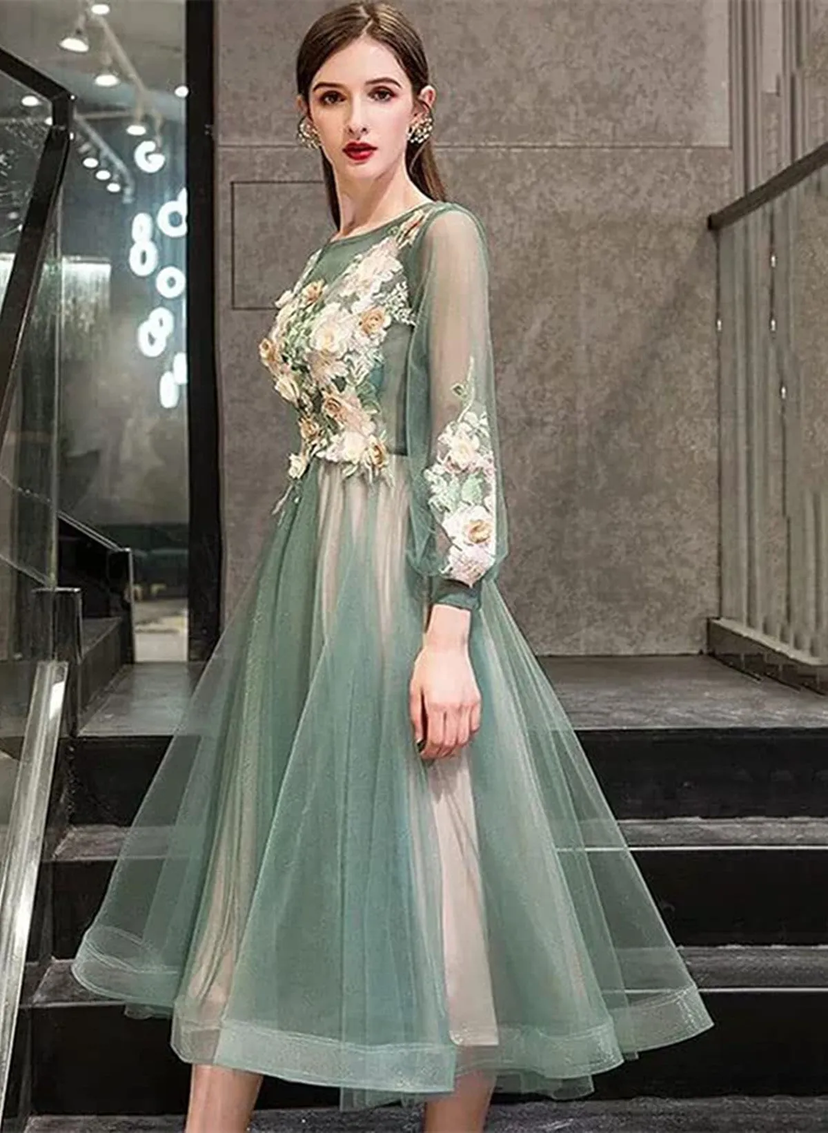 Green Round Neckline Tea Length Floral Wedding Party Dress, Green Prom Dress