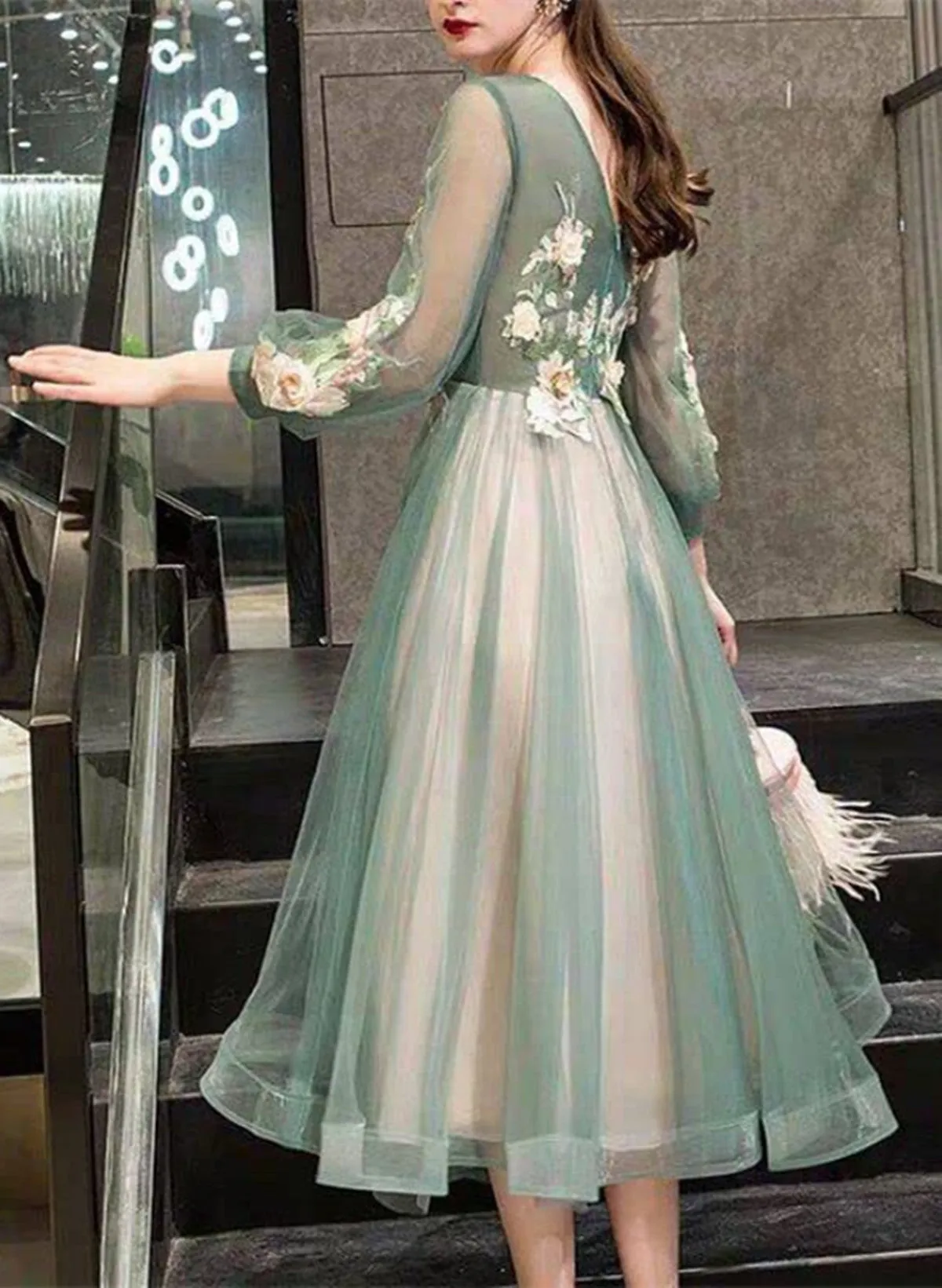 Green Round Neckline Tea Length Floral Wedding Party Dress, Green Prom Dress