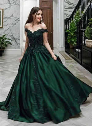 Green Satin Off Shoulder Floor Length Party Dress, Green Satin with Lace Prom Dress