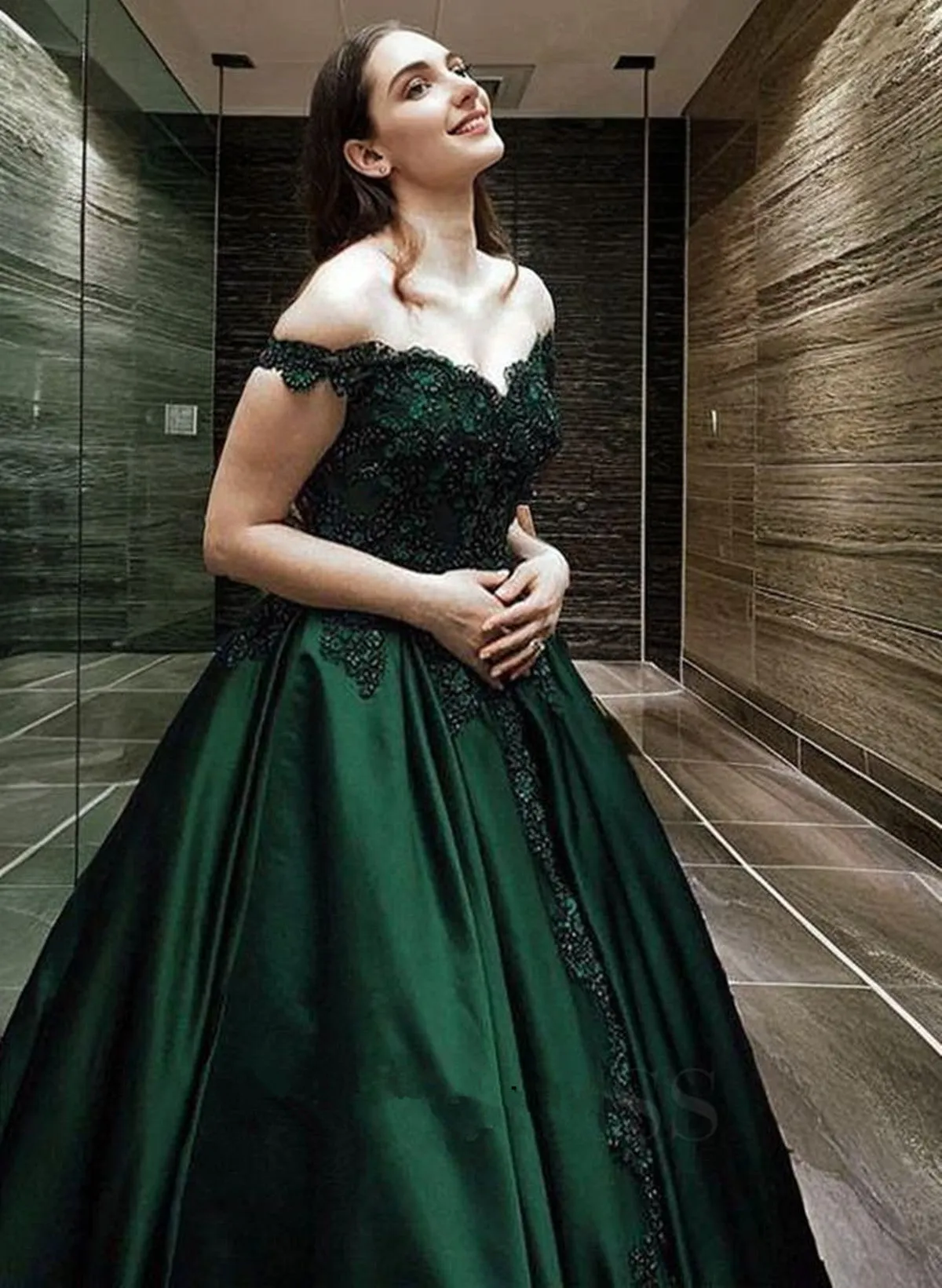 Green Satin Off Shoulder Floor Length Party Dress, Green Satin with Lace Prom Dress