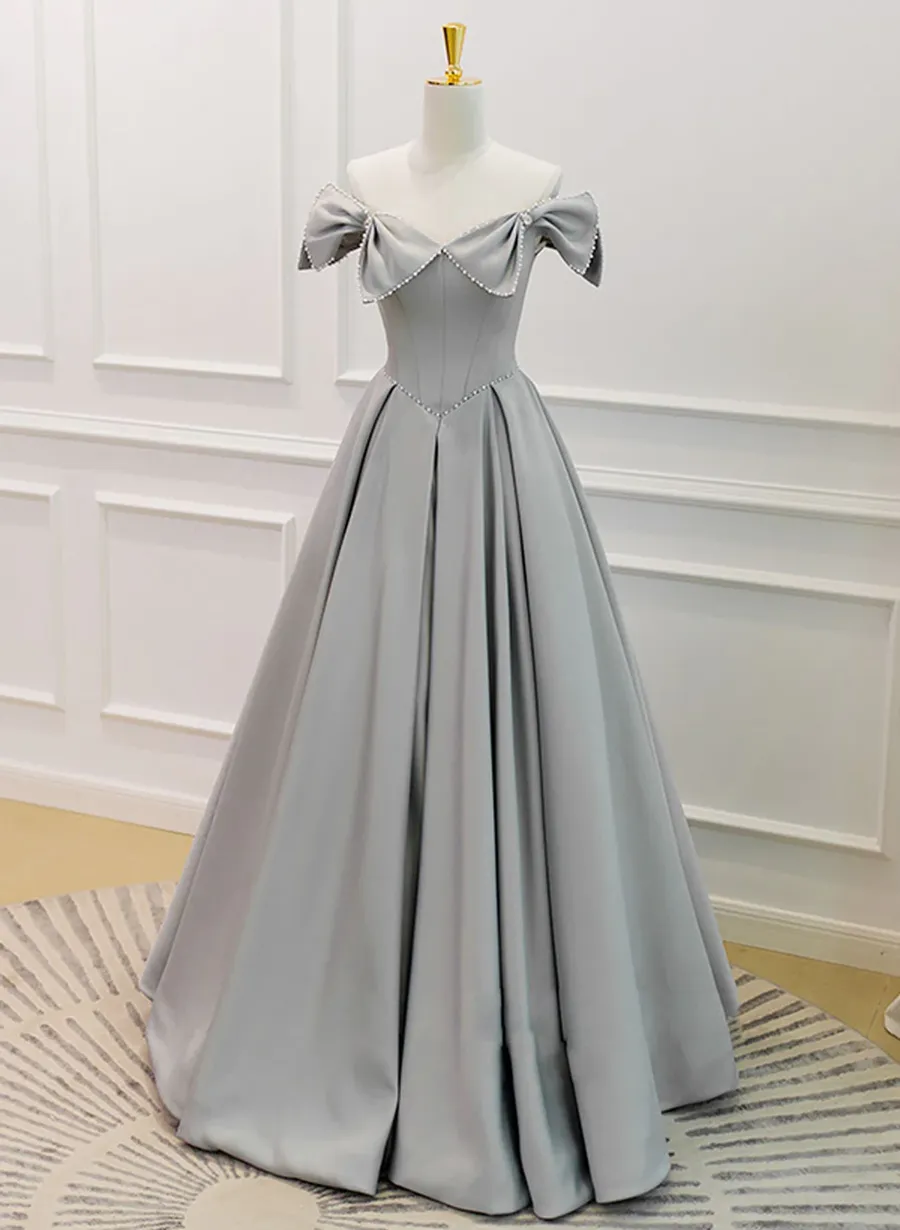 Grey Satin Beaded Long Party Dress with Bow, Grey A-line Prom Dress