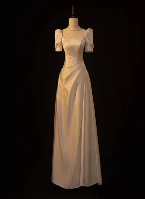 Ivory Satin Short Sleeves A-line Wedding Party Dress, Ivory Long Prom Dress