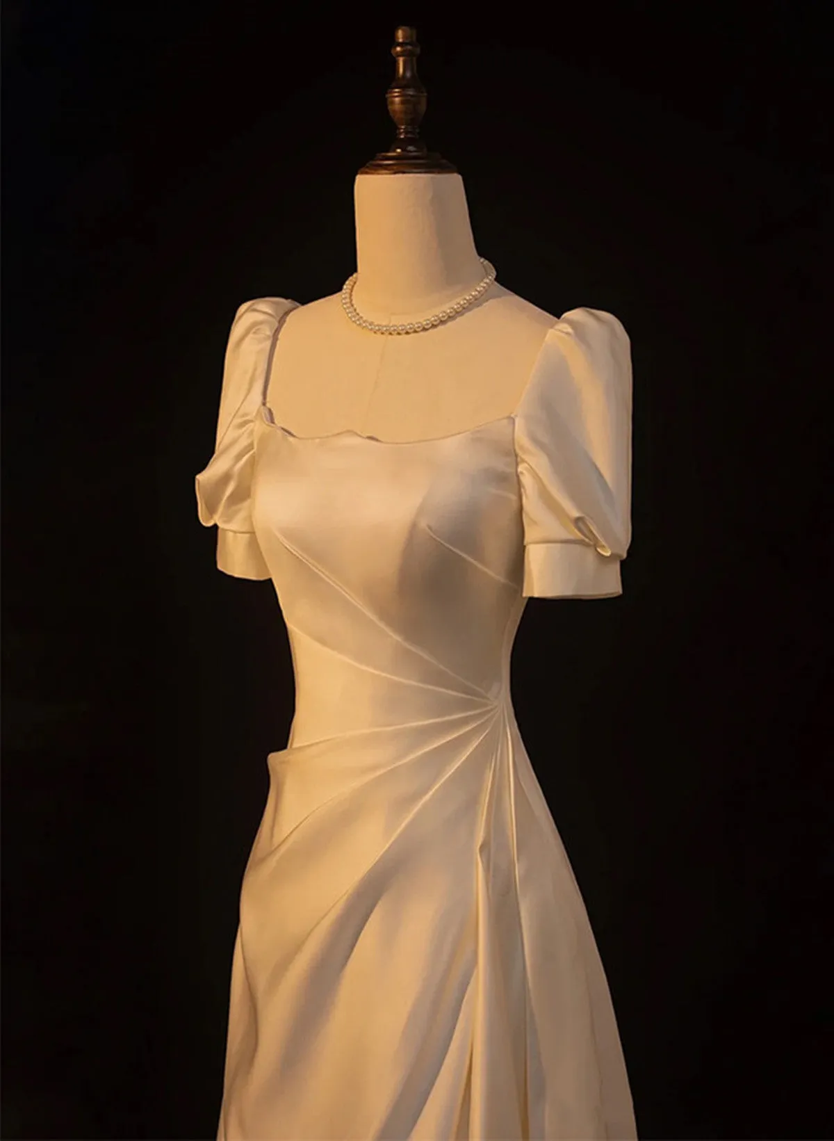 Ivory Satin Short Sleeves A-line Wedding Party Dress, Ivory Long Prom Dress