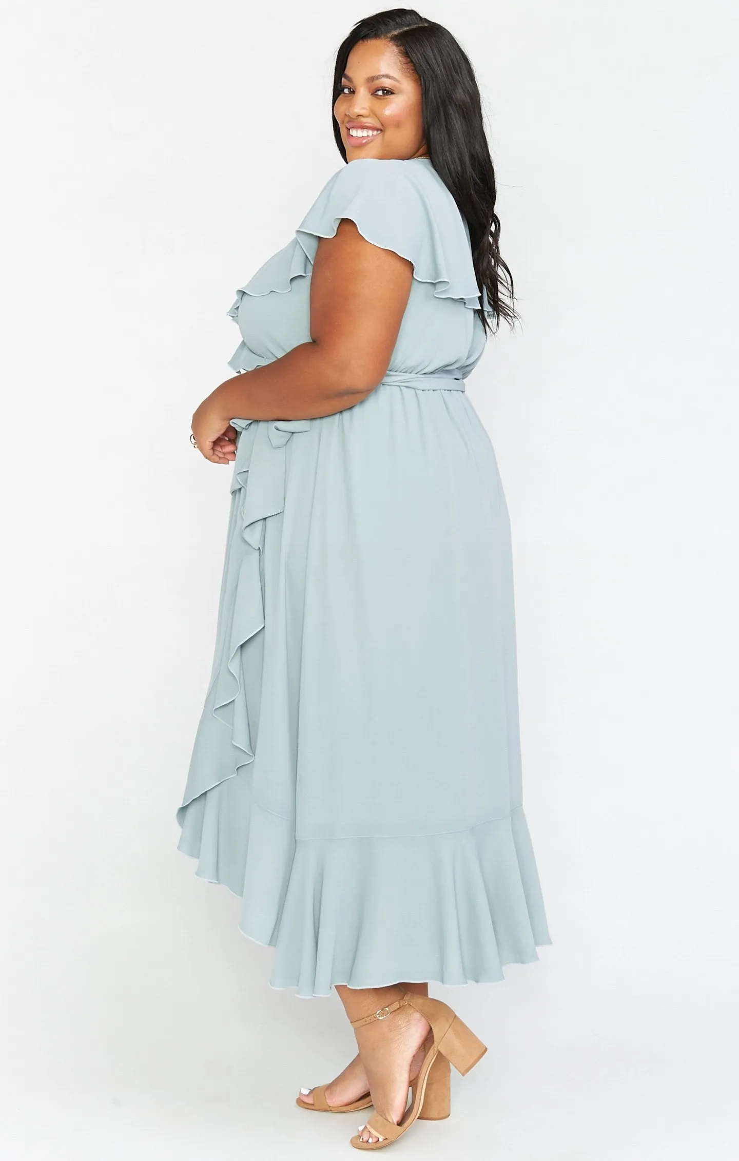 Jess Ruffle Midi Dress ~ Silver Sage Crisp