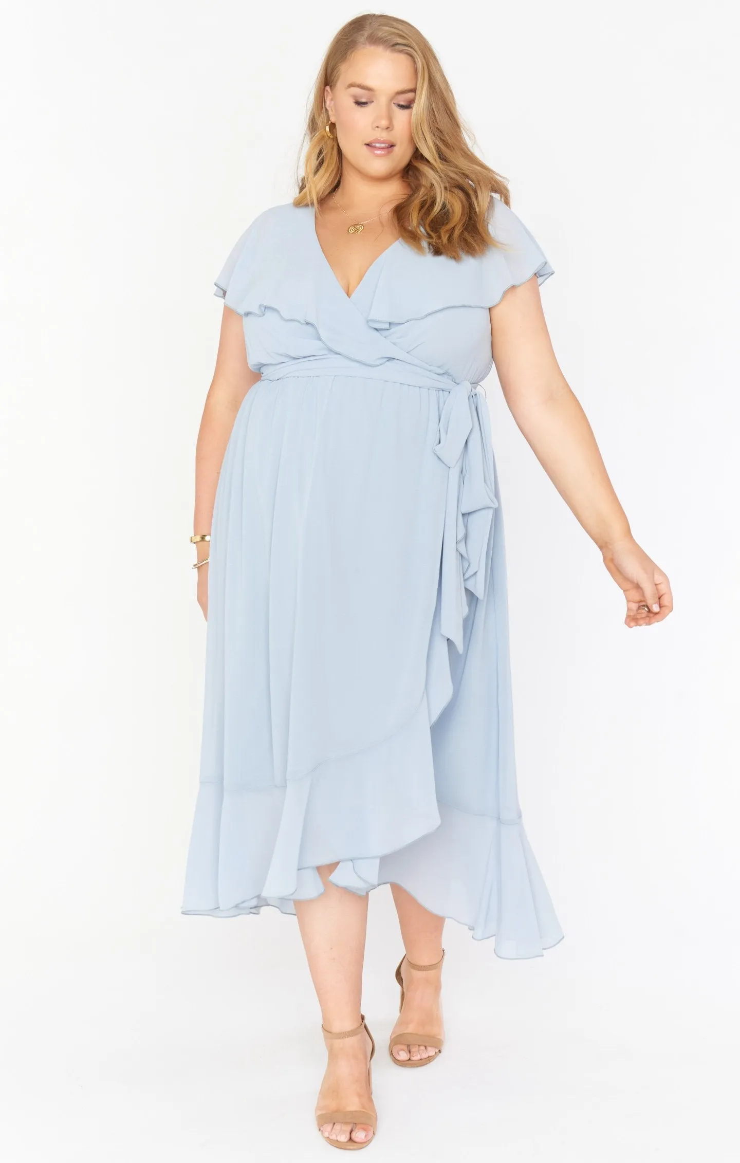 Jess Ruffle Midi Dress ~ Steel Blue Chiffon