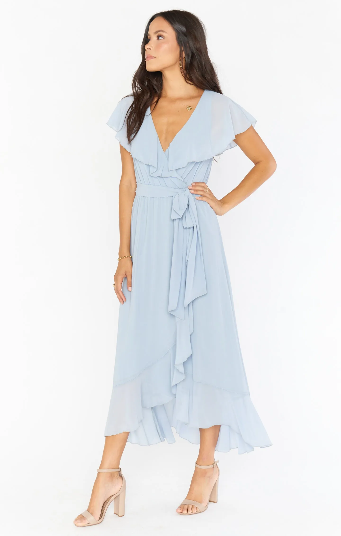 Jess Ruffle Midi Dress ~ Steel Blue Chiffon