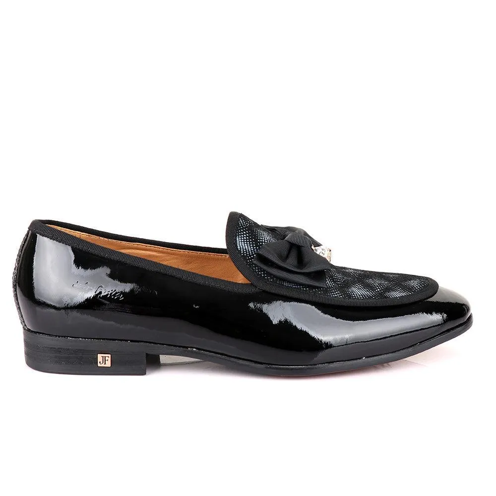 John Foster Glossy Black Bow Stone Designed Leather Shoe