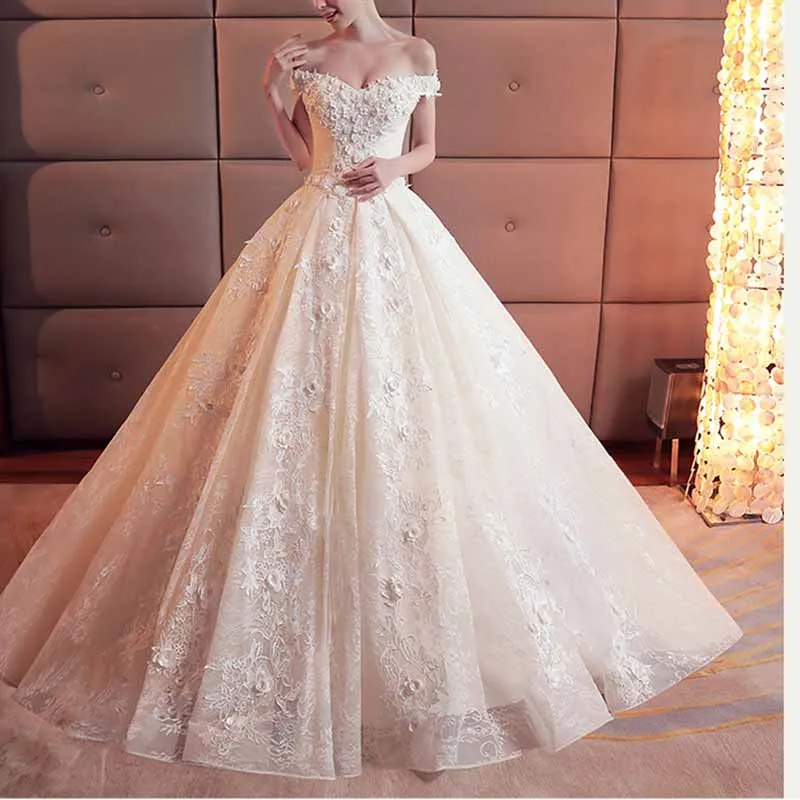 Lace Train Wedding Dress for Bride A Line Bride Dress Tulle Wedding Dress Strapless Bride Wear