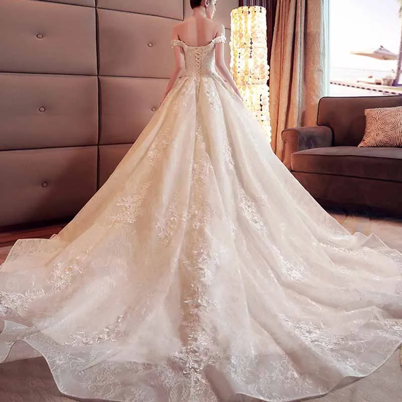 Lace Train Wedding Dress for Bride A Line Bride Dress Tulle Wedding Dress Strapless Bride Wear