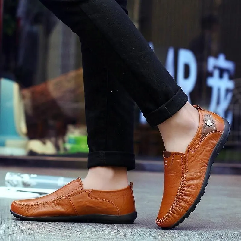 Leather Flat Loafers Brown Men's Casual Shoes #XS8171