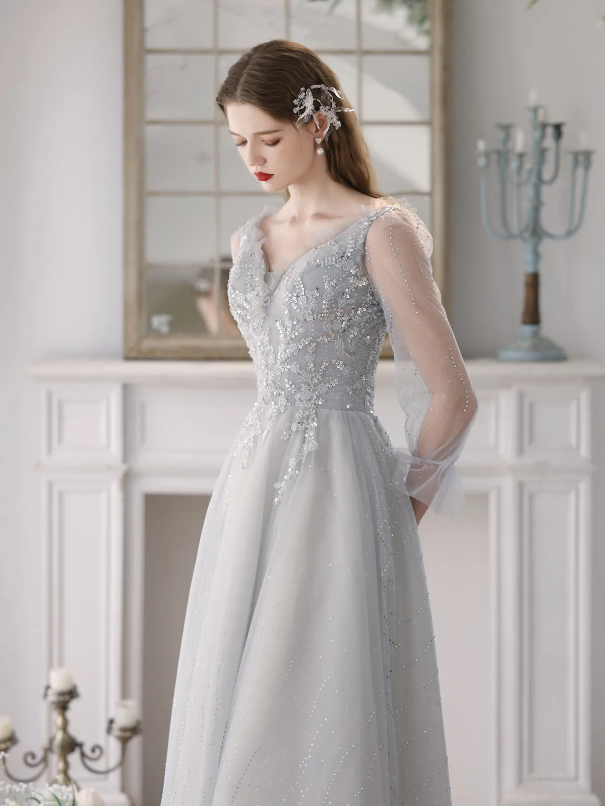 Light Grey Tulle V-neckline Beaded Long Party Dress, Grey Tulle Prom Dress Evening Dress